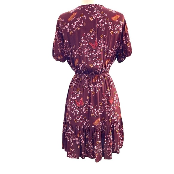 Madewell Burgundy Pleated Wrap Floral Mini Dress Ruffle Hem Size 8 - Picture 6 of 16